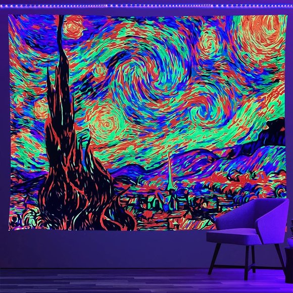 BlackLight Neon Starry Night Vincent Van Gogh Big Wall Tapestry Black Light New - Picture 4 of 10